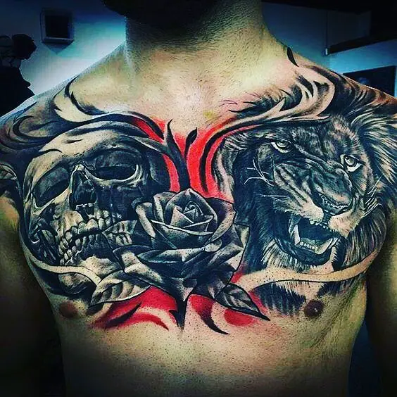 A chest tattoos for men, with a skull. rose and a strong lion