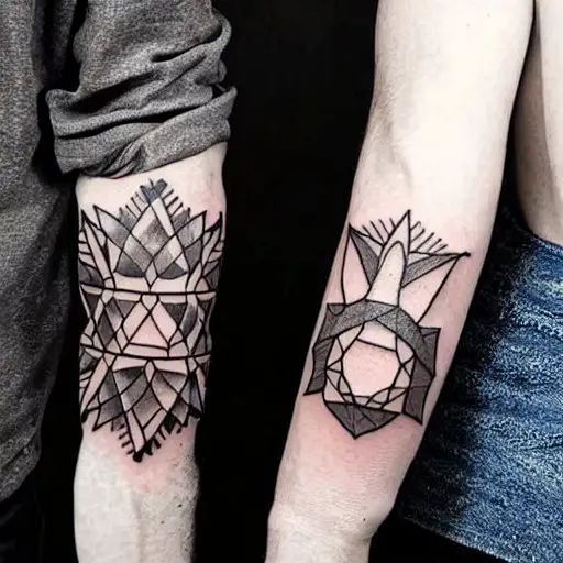 A geometric tattoo, displaying a combination of geometric patterns, lines, and shapes.