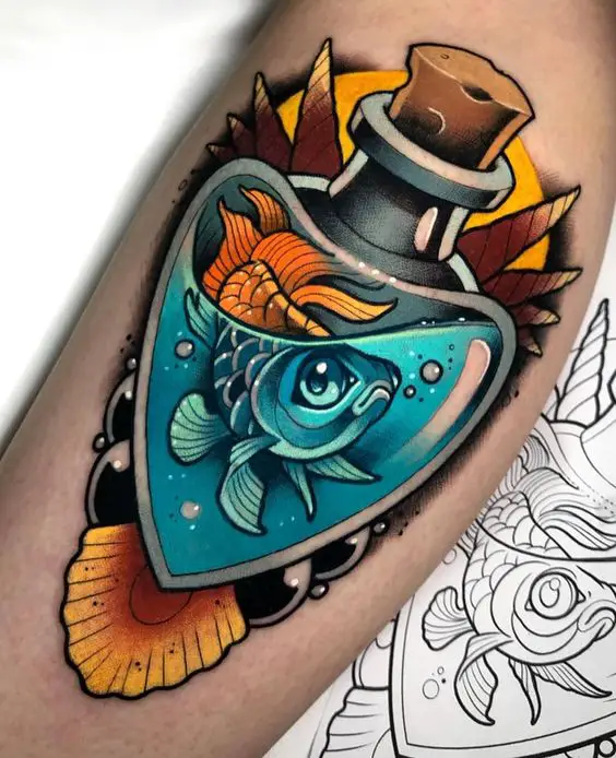 A colorful neo-traditional tattoo on arm