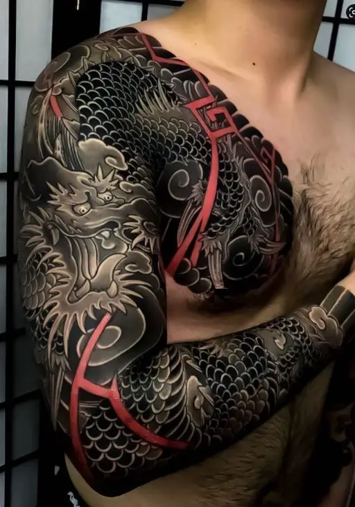 A detailed Japanese full arm tattoos for men featuring a dragon 