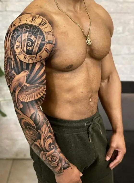 full arm tattoos for men with flowers design and a bird