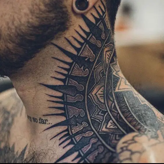 A neck tattoos for men with curved pattern with shapes